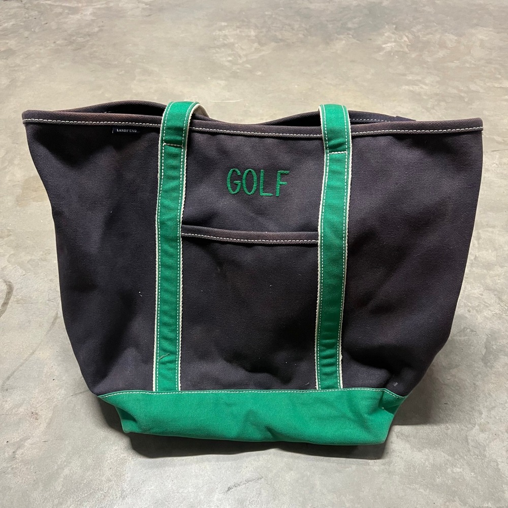 Lands End Canvas Tote Bag 18x22 Blue Green Golf Embroidery Large Open Top 356957
